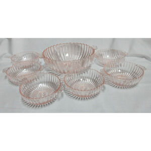 Vintage Pink Depression Glass Queen Mary Pattern 7 Piece Berry Bowl Set
